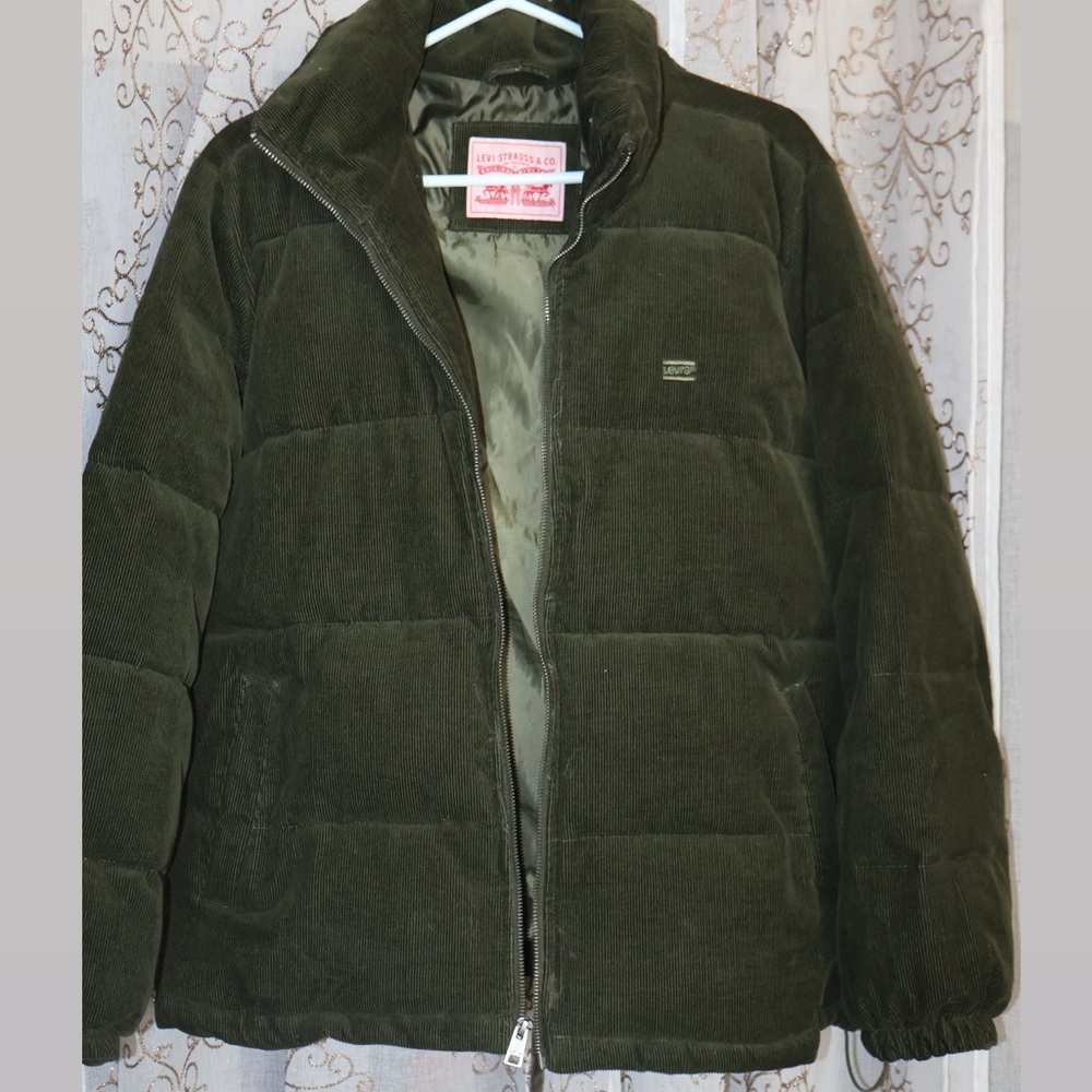 Levi's Green Puffer Jacket Quilted Design Stand-up Collar